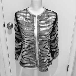 Chico's size 0 Travelers open front jacket sheer/silver tone over-lay stripes